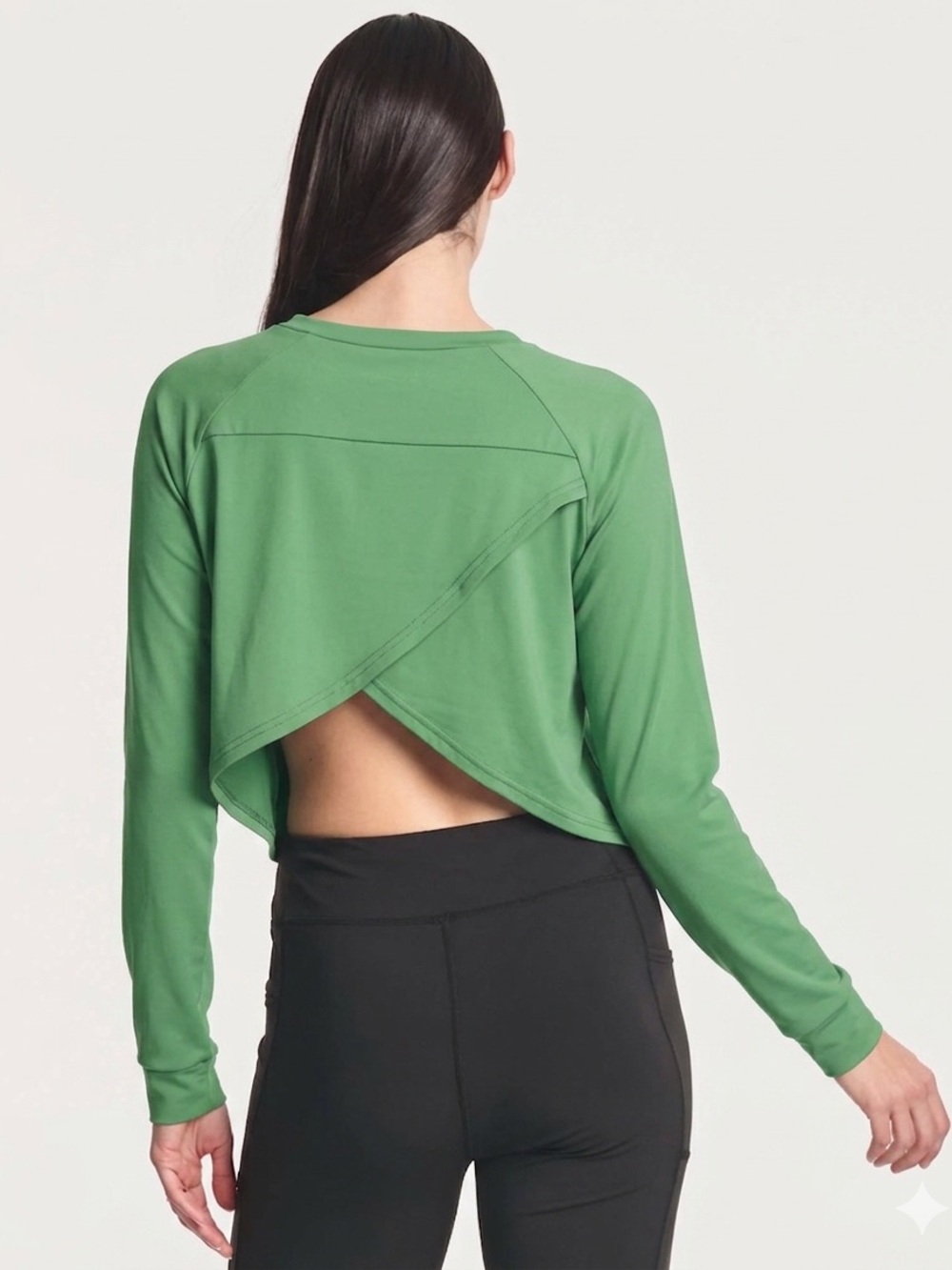 Real Essentials sage green dry-fit long sleeve petal back crop top, Size medium